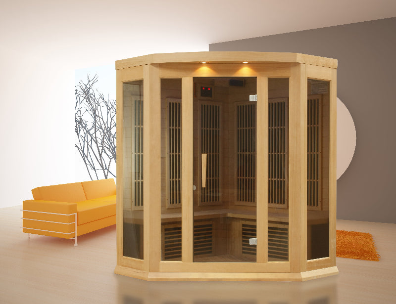 Wooden sauna with an orange couch and rug in a modern room