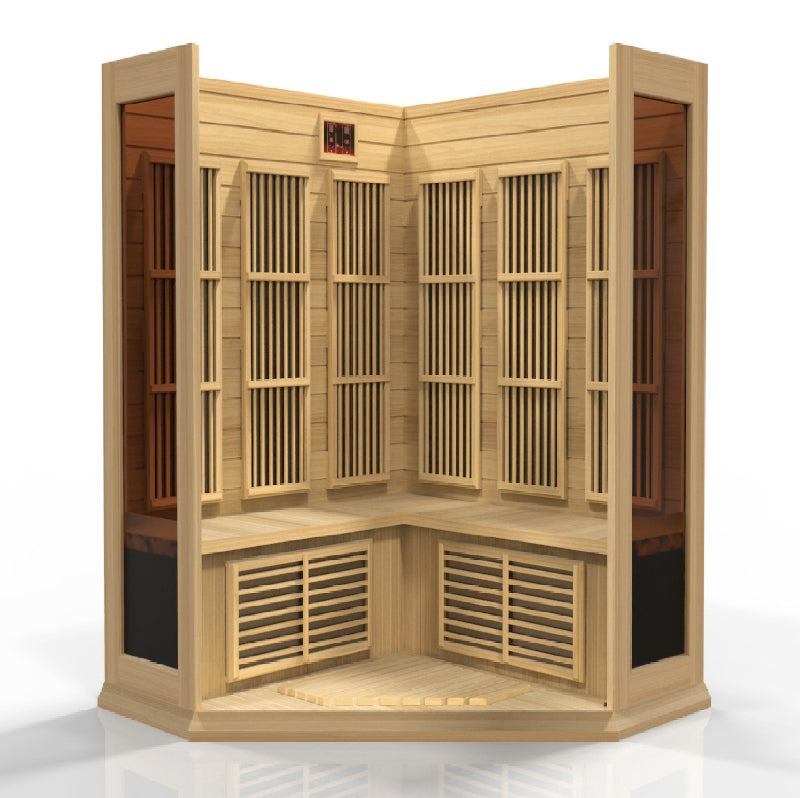 Wooden sauna with grid design on a white background