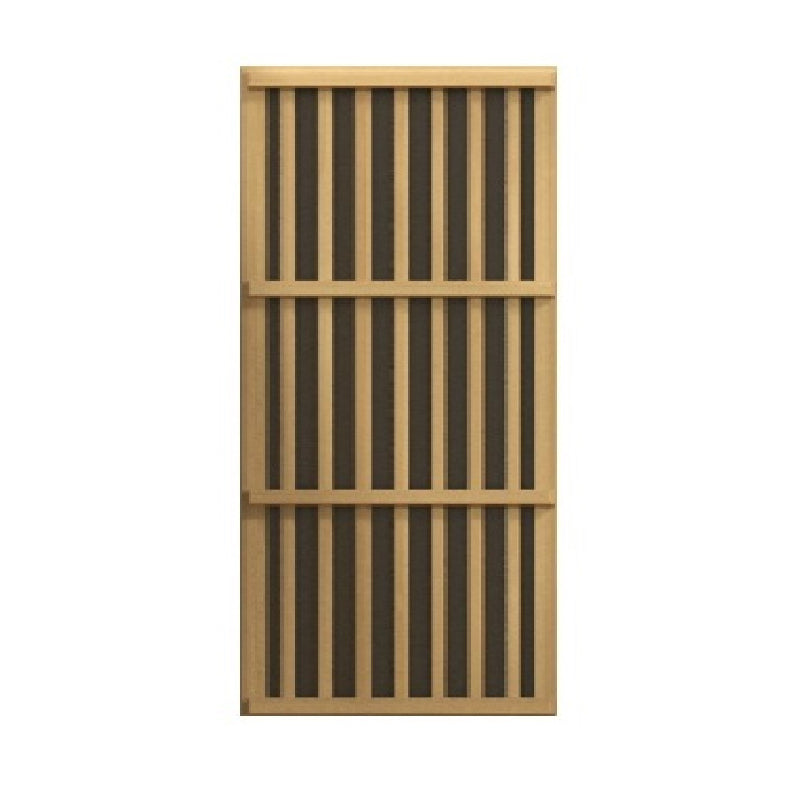 Wooden screen door with horizontal slats on a white background
