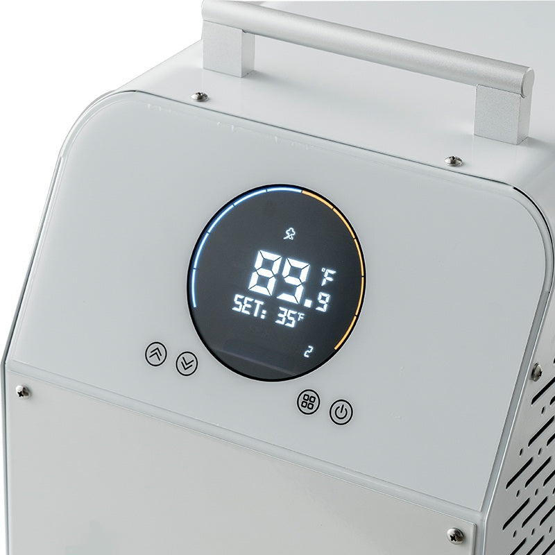 White cold plunge chiller unit with digital display on a white background