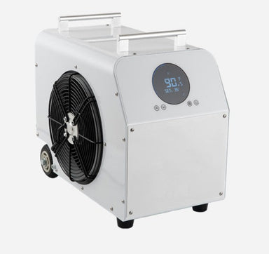 White cold plunge chiller unit with digital display on a white background