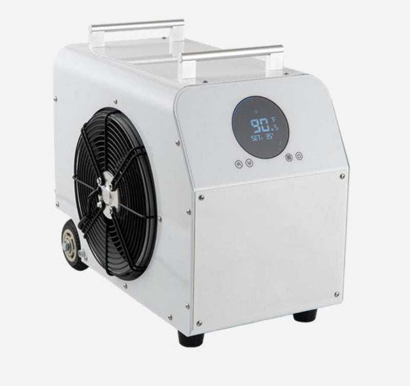 White cold plunge chiller unit with digital display on a white background