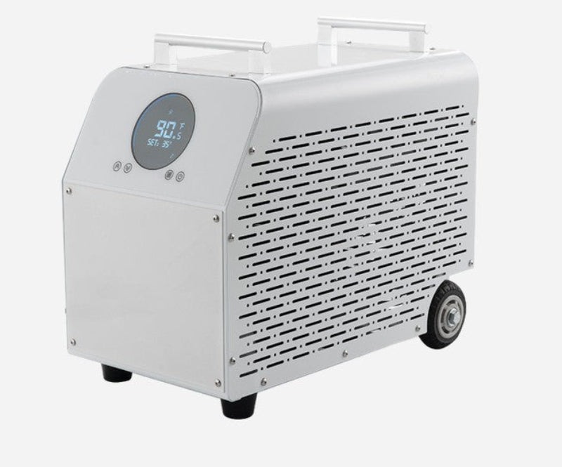 White cold plunge chiller unit with digital display on a white background