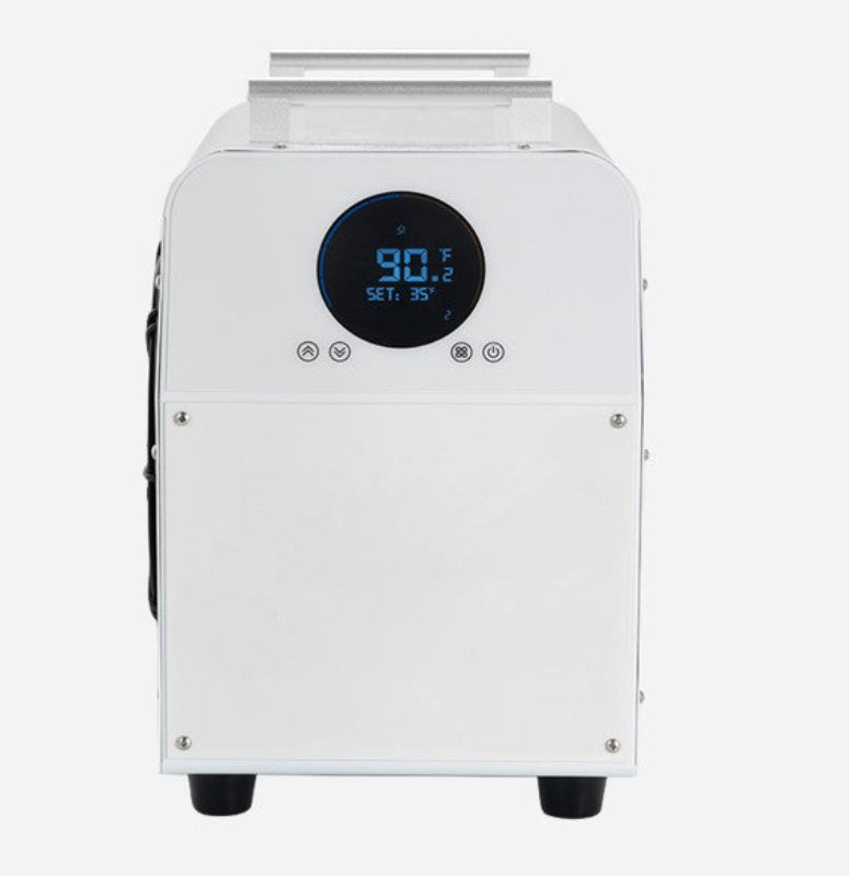 White Cold Plunge Chiller with black fan front view and white background. 