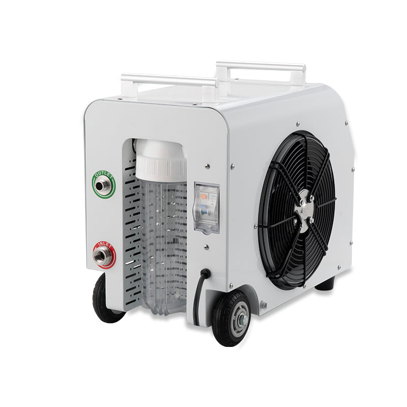 White cold plunge chiller unit with clear water filter and black fan on a white background