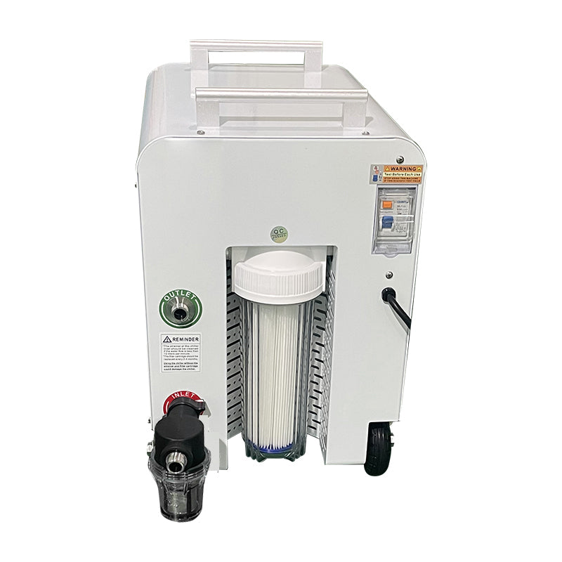 White cold plunge chiller unit with clear water filter on a white background