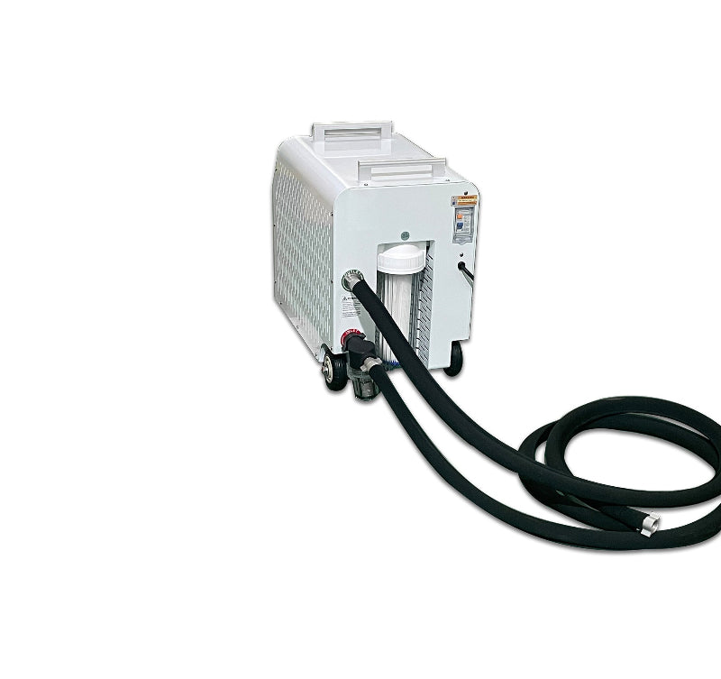 White Cold Plunge Chiller with black hoses and white background.