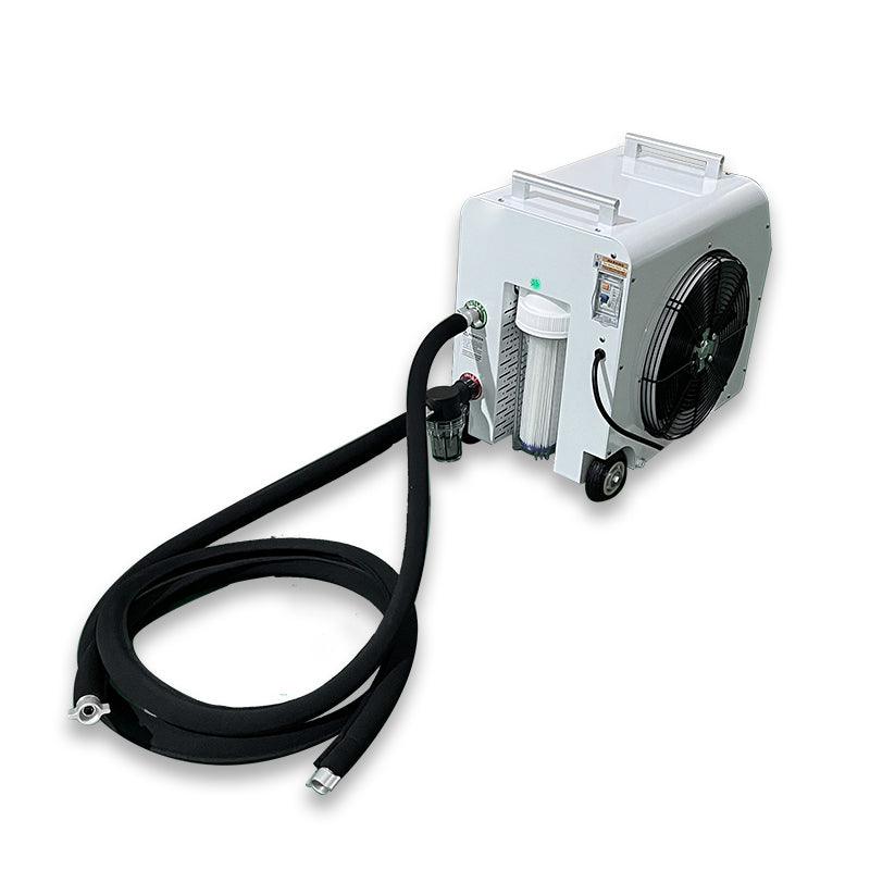 White cold plunge chiller machine with black hose on a white background