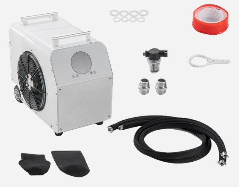 white cold plunge unit kit with components on a white background