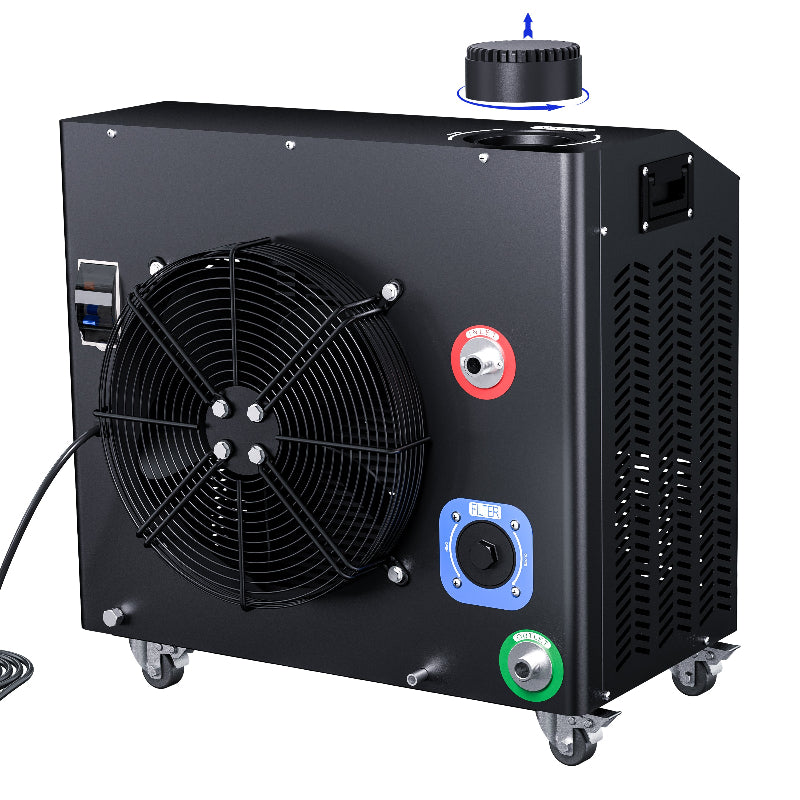 Black cold plunge with black fans on rolling wheels with white background
