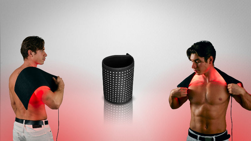 Person using a black electronic device on their shoulder with red light, against a gradient background.