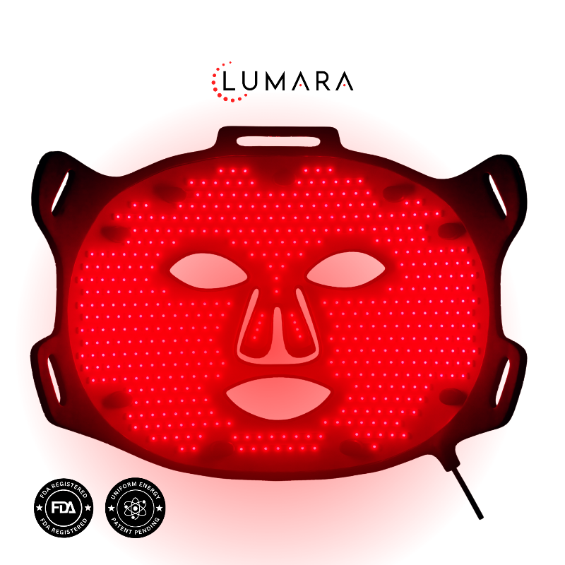 Red LED face mask with 'LUMARA' branding on a white background
