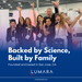 Group of people with raised hands in a celebratory manner, with text 'Backed by Science, Built by Family' and Lumara logo.