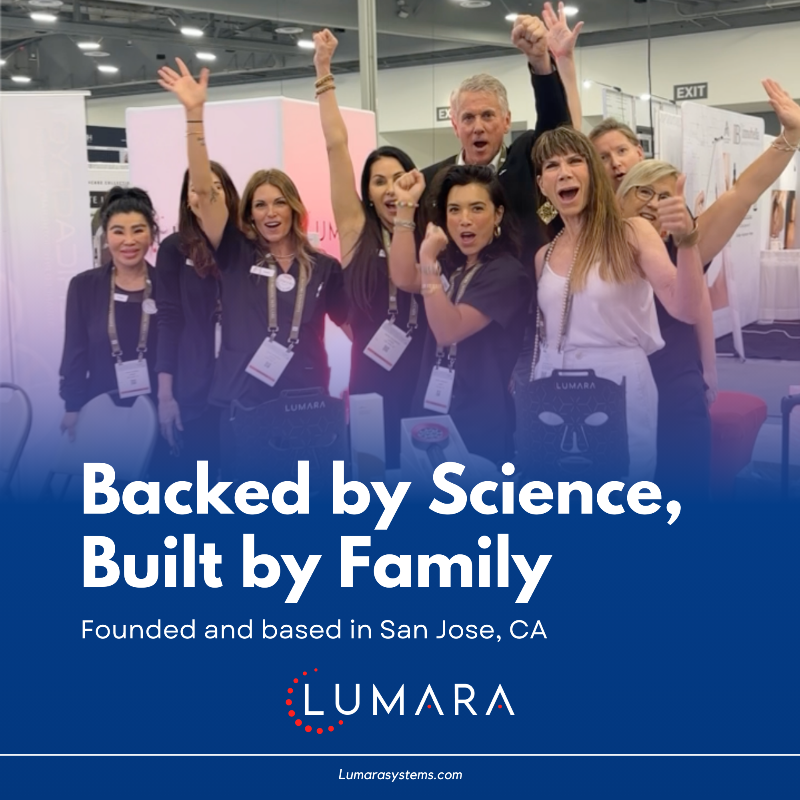 Group of people with raised hands in a celebratory manner, with text 'Backed by Science, Built by Family' and Lumara logo.