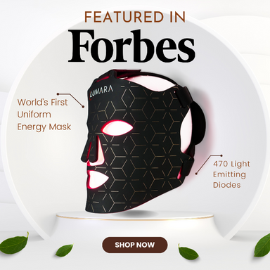Lumara energy mask with text about being featured in Forbes and its features.
