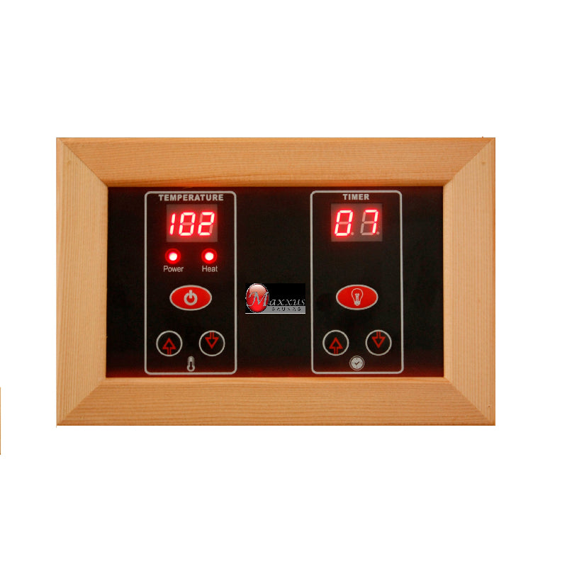 Digital control panel with temperature and timer display on a wooden frame.