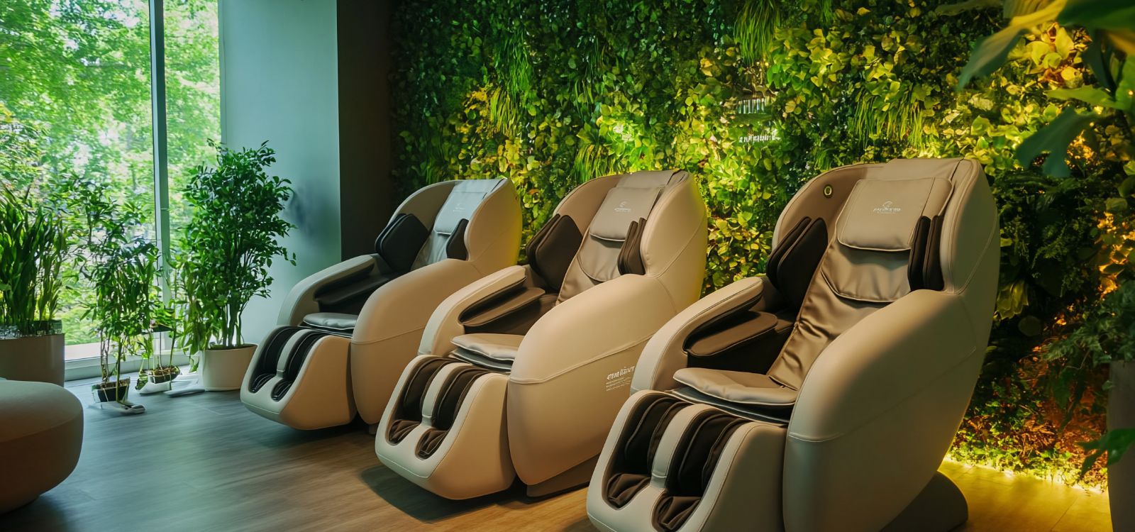 Row of massage chairs in a modern room with greenery