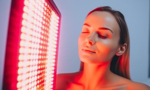 Woman receiving red light therapy treatment.